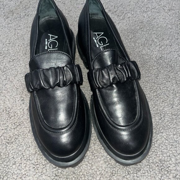 AGL CELESTE LEATHER PLATFORM LUG SOLE CHUNKY BLACK LOAFERS  EU 39 = US 8.5 / 9.0 - Picture 1 of 9